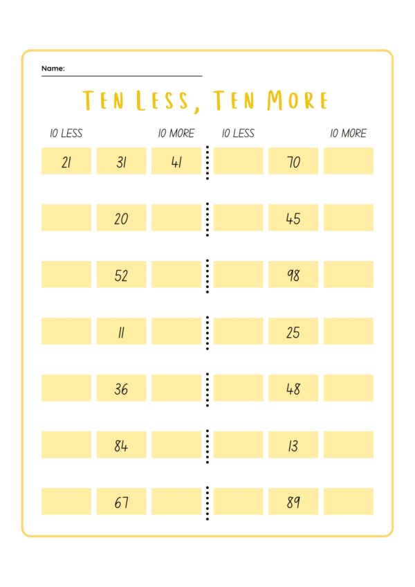 Ten Less Ten More Worksheet 001