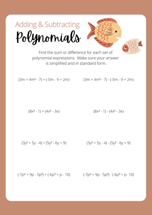 Adding Subtracting Polynomials Math Worksheet