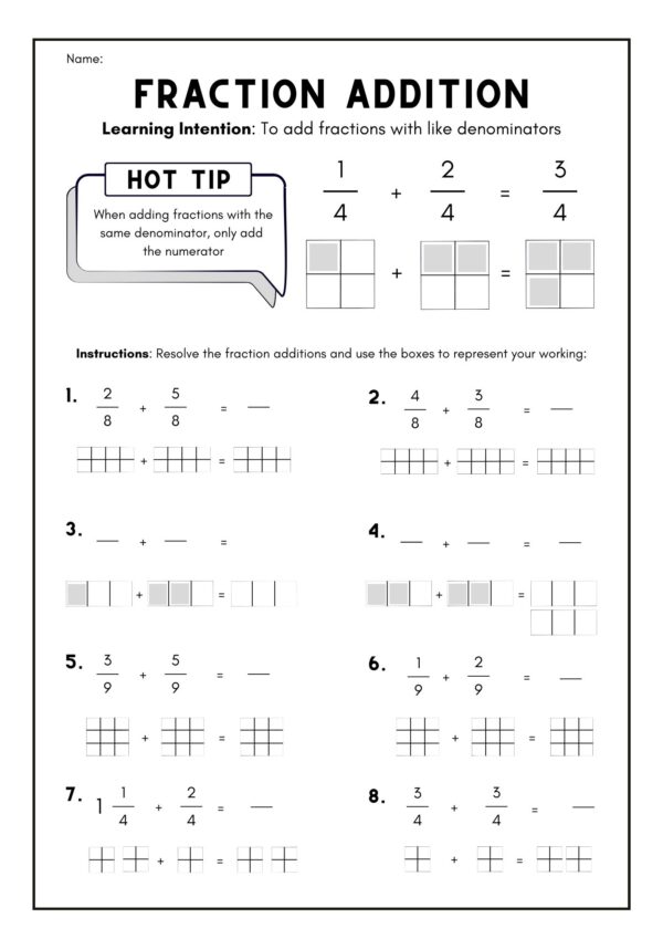 Grade 5 Fraction Addition Worksheet